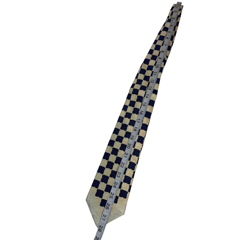 Gianfranco Ferre Mens Navy Blue Cream Checkered Silk Tie Made in Italy